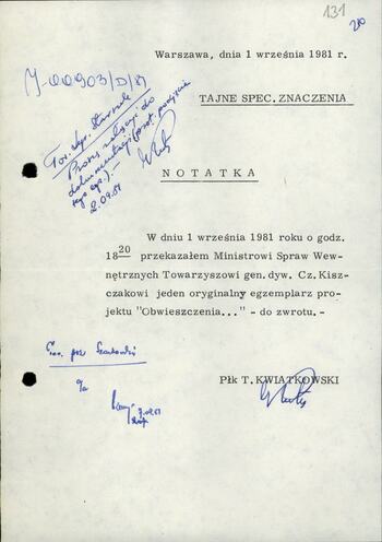 Notatka z przekazania Kiszczakowi egzemplarza obwieszczenia o wprowadzeniu stanu wojennego