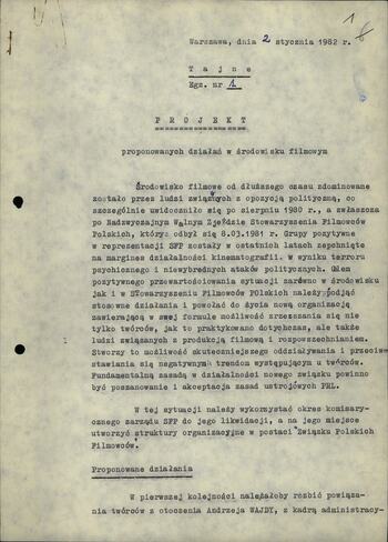 Projekt proponowanych działań w środowisku filmowym 2.01.1982
