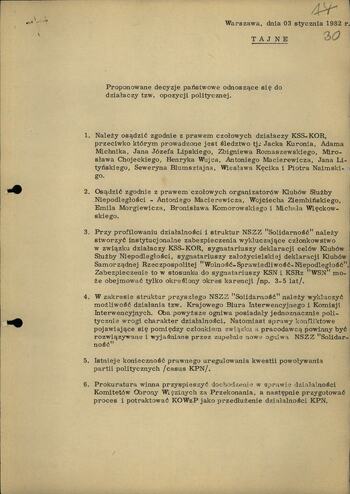 Proponowane decyzje państwowe odnoszące się do działaczy opozycji politycznej 03.01.1982