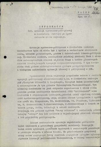 Informacja dot. sytuacji społeczno politycznej w środowisku naukowym po wprowadzeniu stanu wojennego 20.02.1982