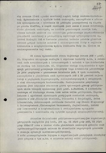 Informacja dot. sytuacji społeczno politycznej w środowisku naukowym po wprowadzeniu stanu wojennego 20.02.1982