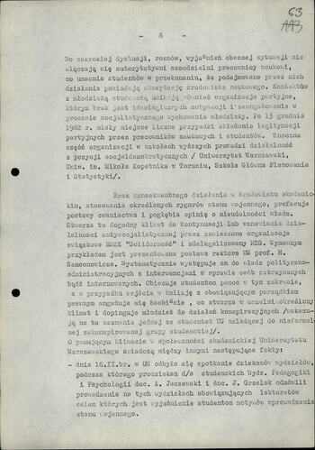 Informacja dot. sytuacji społeczno politycznej w środowisku naukowym po wprowadzeniu stanu wojennego 20.02.1982