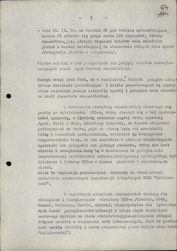 Informacja dot. sytuacji społeczno politycznej w środowisku naukowym po wprowadzeniu stanu wojennego 20.02.1982