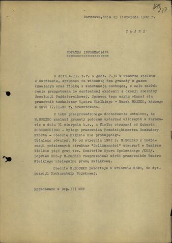 Notatka informacyjna o incydencie w Teatrze Wielkim - granat z gazem łzawiącym 23.11.1982
