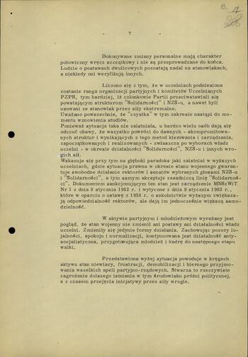 Informacja dot. Sytuacji w środowiskach naukowych i inteligencji twórczej w okresie stanu wojennego 15.03.1982