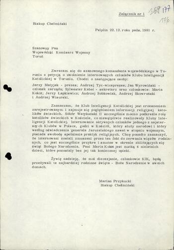 Pismo i odpowiedz na pismo bp. Chełmińskiego 22.12.1981