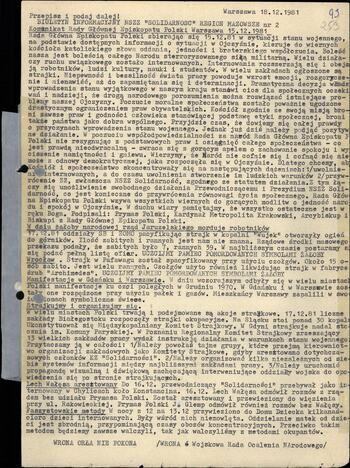 Biuletyn informacyjny NSZZ "S" Region Mazowsze 18.12.1981