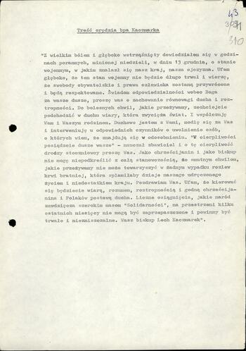 Treść orędzia bpa Kaczmarka 20.12.1981