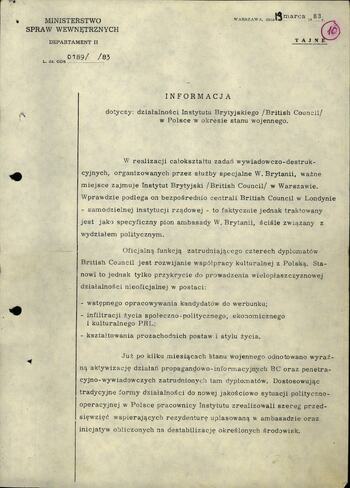 Informacja dot. działalności Instytutu Brytyjskiego w Polsce w okresie stanu wojennego 19.03.1983