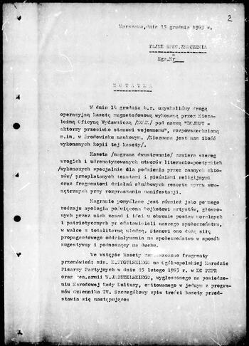Pozyskanie drogą operacyjną kasety magnetofonowej przez NOWĄ "Bojkot-aktorzy przeciwko stanowi wojennemu" 15.12.1983