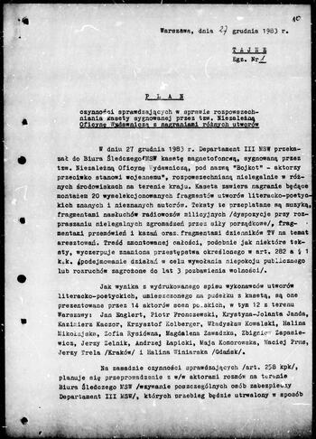 Plan czynności sprawdzających w sprawie rozpowszechniania kasety "Bojkot-aktorzy przeciwko stanowi wojennemu" 27.12.1983