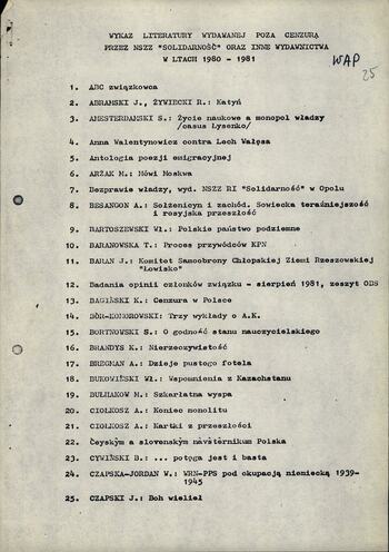 Wykaz literatury wydanej poza cenzurą przez NSZZ "S" oraz inne wydawnictwa