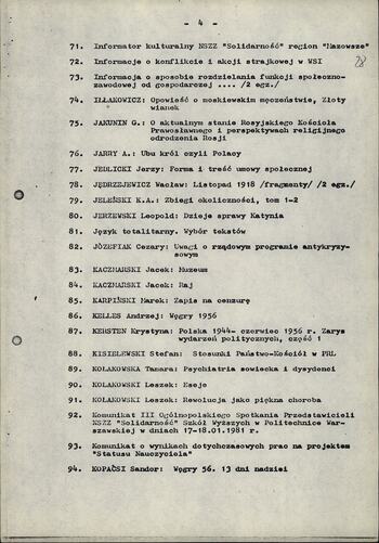 Wykaz literatury wydanej poza cenzurą przez NSZZ "S" oraz inne wydawnictwa