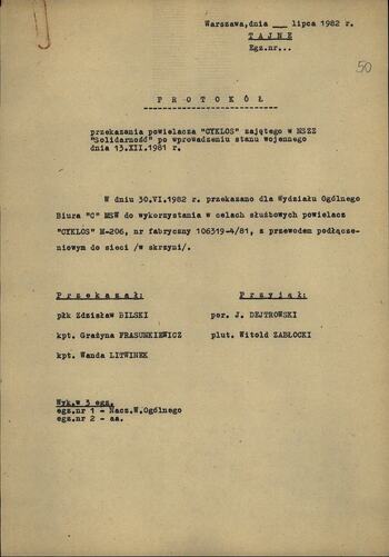 Protokół przekazania powielacza CYKLOS zajętego w NSZZ "S" po wprowadzeniu stanu wojennego 13.12.1981
