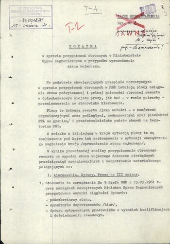 Notatka w sprawie przygotowań obronnych MSZ w przypadku wprowadzenia stanu wojennego 10.09.1981