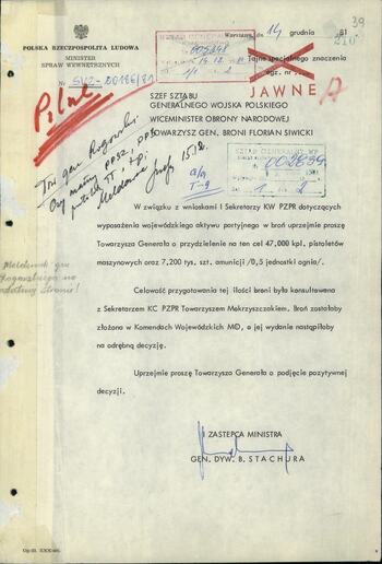 Pismo do Szefa Sztabu Generalnego WP Floriana Siwickiego by wyposażyć wojewódzki aktyw partyjny w broń 14.12.1981