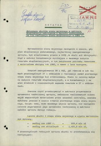 Notatka dot. Skutków stanu wojennego w zakresie eksploatacji uzbrojenia i sprzętu technicznego (wykaz sprzętu wojskowego