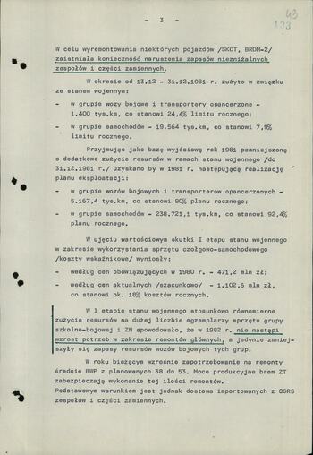 Notatka dot. Skutków stanu wojennego w zakresie eksploatacji uzbrojenia i sprzętu technicznego (wykaz sprzętu wojskowego