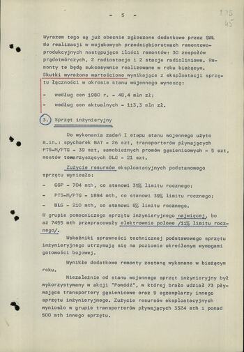 Notatka dot. Skutków stanu wojennego w zakresie eksploatacji uzbrojenia i sprzętu technicznego (wykaz sprzętu wojskowego