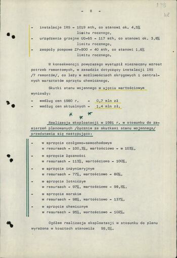 Notatka dot. Skutków stanu wojennego w zakresie eksploatacji uzbrojenia i sprzętu technicznego (wykaz sprzętu wojskowego