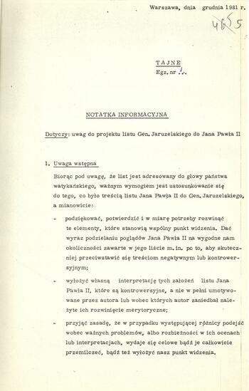 Notatka informacyjna dot. uwag do projektu listu gen. Jaruzelskiego do Jana Pawła II 12.1981