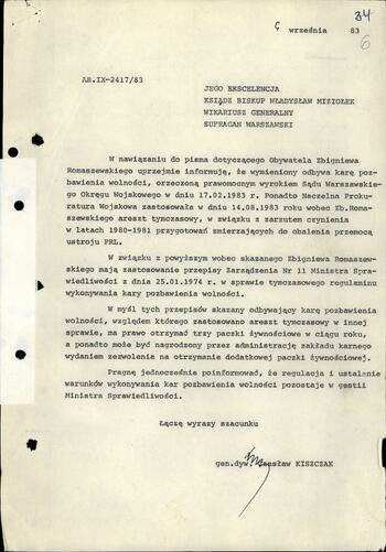 Pismo gen. Kiszczaka do bpa. Władysława Miziołka dot. Zbigniewa Romaszewskiego 6.09.1983
