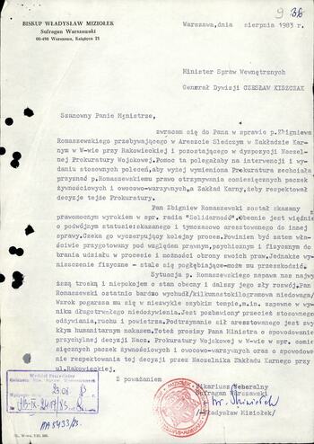Pismo bpa. Władysława Miziołka do gen. Kiszczaka 08.1983