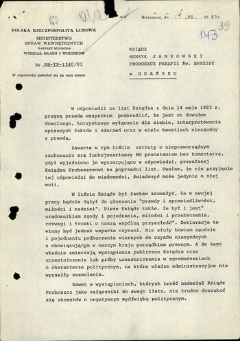 Korespondencja ks. Jankowski - gen. Kiszczak 06.1983