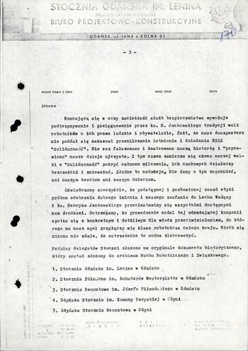 Oświadczenie stoczniowców dot. Ks. Jankowskiego 13.05.1983