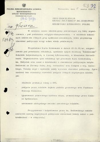 Pismo gen. Ciastonia do abpa Dąbrowskiego 5.03.1983
