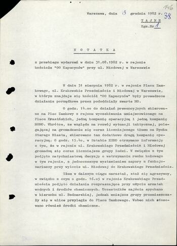 Notatka z przebiegu wydarzeń w rejonie kościoła oo. Kapucynów przy ul. Miodowej w Warszawie w dniu 31.08.1982