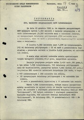 Informacja dot. Wyjazdów emigracyjnych osób internowanych 27.12.1982