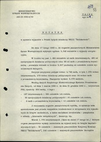Notatka w sprawie wyjazdów z Polski byłych działaczy NSZZ "S"