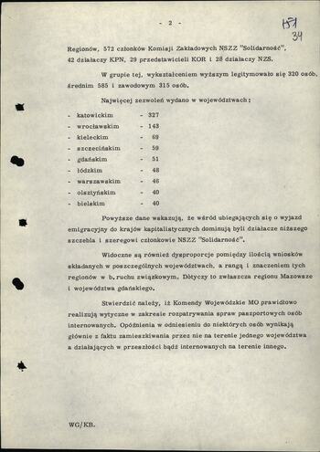 Notatka w sprawie wyjazdów z Polski byłych działaczy NSZZ "S"