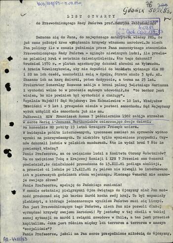 List otwarty Anny Walentynowicz 30.06.1983