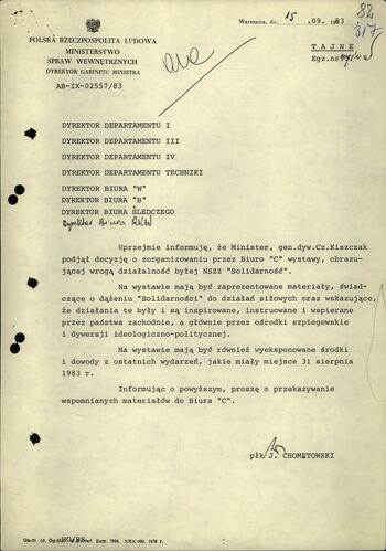 Pismo o organizowanej przez gen. Kiszczaka wystawie o wrogiej działalności NSZZ "S" 15.09.1983