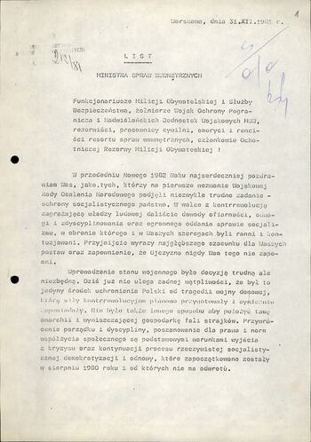 List gen. Kiszczaka do funkcjonariuszy dot. stanu wojennego z życzeniami noworocznymi 31.12.1981