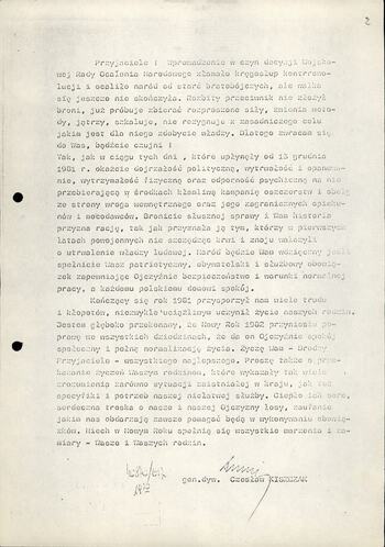 List gen. Kiszczaka do funkcjonariuszy dot. stanu wojennego z życzeniami noworocznymi 31.12.1981
