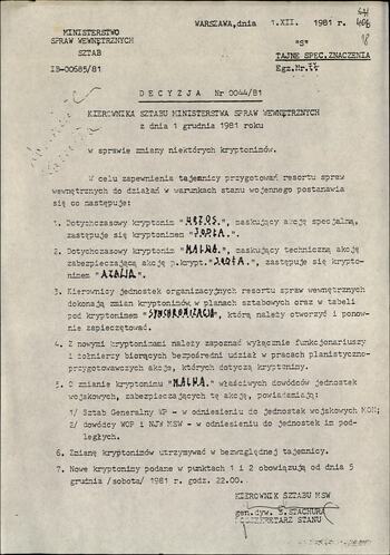 Decyzja Szefa Sztabu MSW z dnia 1.12.1981 o zmianie niektórych kryptonimów