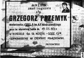 Nekrolog Grzegorza Przemyka informujący o pogrzebie w dniu 19 maja 1983r.