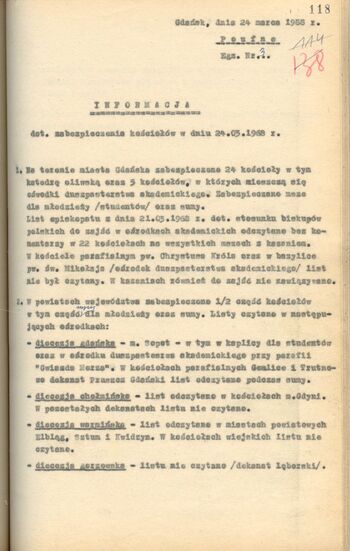 Informacja dot. zabezpieczenia kościołów w dn. 24.03.1968