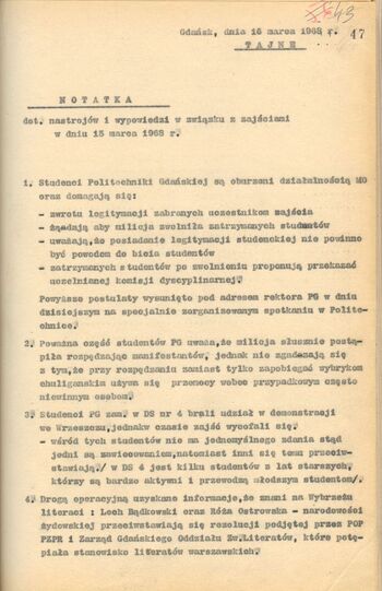 Informacja o nastrojach w Gdańsku w dn. 15.03.1968 r. cz.1z3