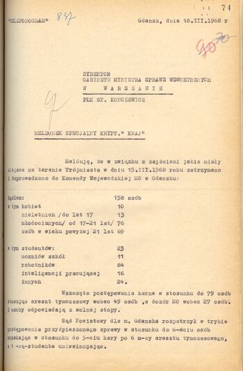 Meldunek z 18.03.1968 r. cz.1z2, dot. zatrzymań w dn. 15.03