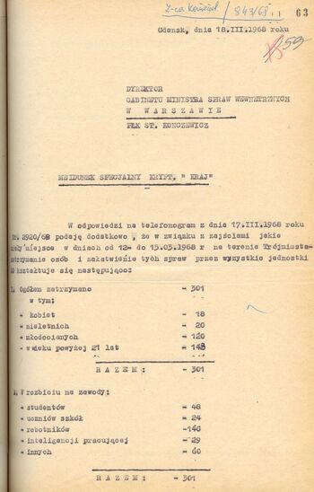Meldunek z 18.03.1968 r. cz.1z4, dot. zatrzymań w dn.12-15