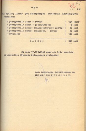 Meldunek z 18.03.1968 r. cz.4z4, dot. zatrzymań w dn.12-15