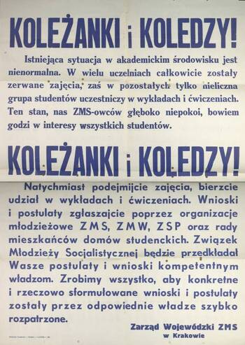 Kopia plakatu z apelem Zarządu Wojewódzkiego ZMS w Krakowie do studentów