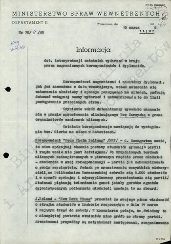 Informacja Departamentu II MSW z dn. 15.03.1968 r.