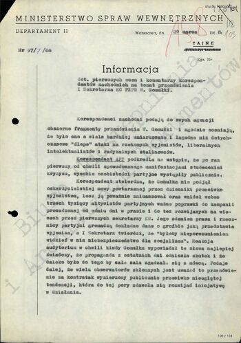 Informacja Departamentu II MSW z dn. 20.03.1968 r.