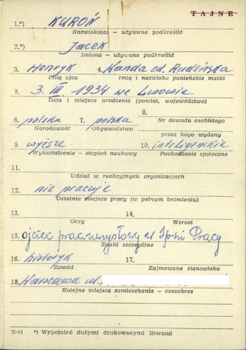 karty E-14 z kartoteki „Zatrzymani Marzec 68” dot. Jacka Kuronia