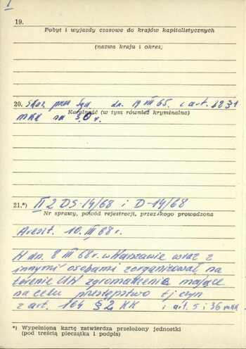 karty E-14 z kartoteki „Zatrzymani Marzec 68” dot. Jacka Kuronia